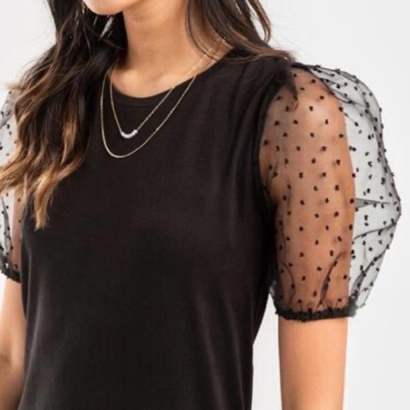 NEW Francesca’s Dana Black Polka Dot Organza Mesh Puff Sleeve Mini Dress NWT - Picture 2 of 3